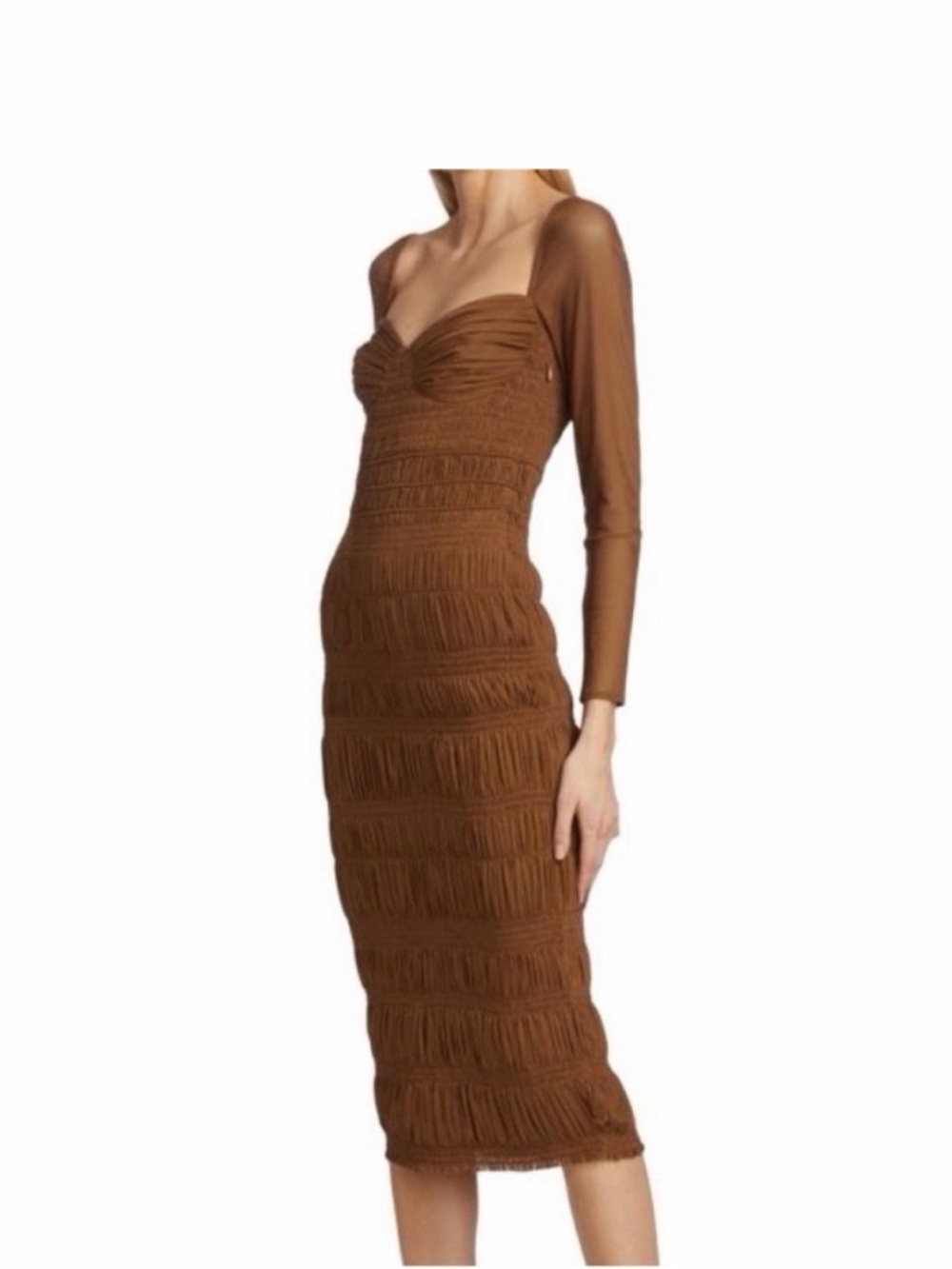 Self-Portrait Chocolate Brown Ruched Long-Sleeve Bustier Dress